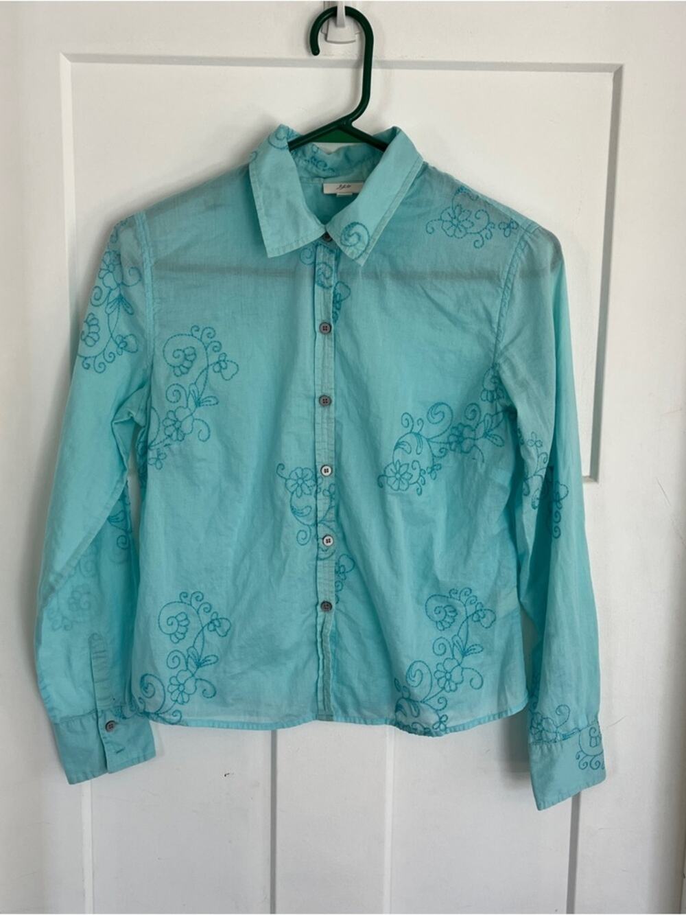 J. Jill Light Turquoise Embroidered Button-Up Shirt Gauzy XS